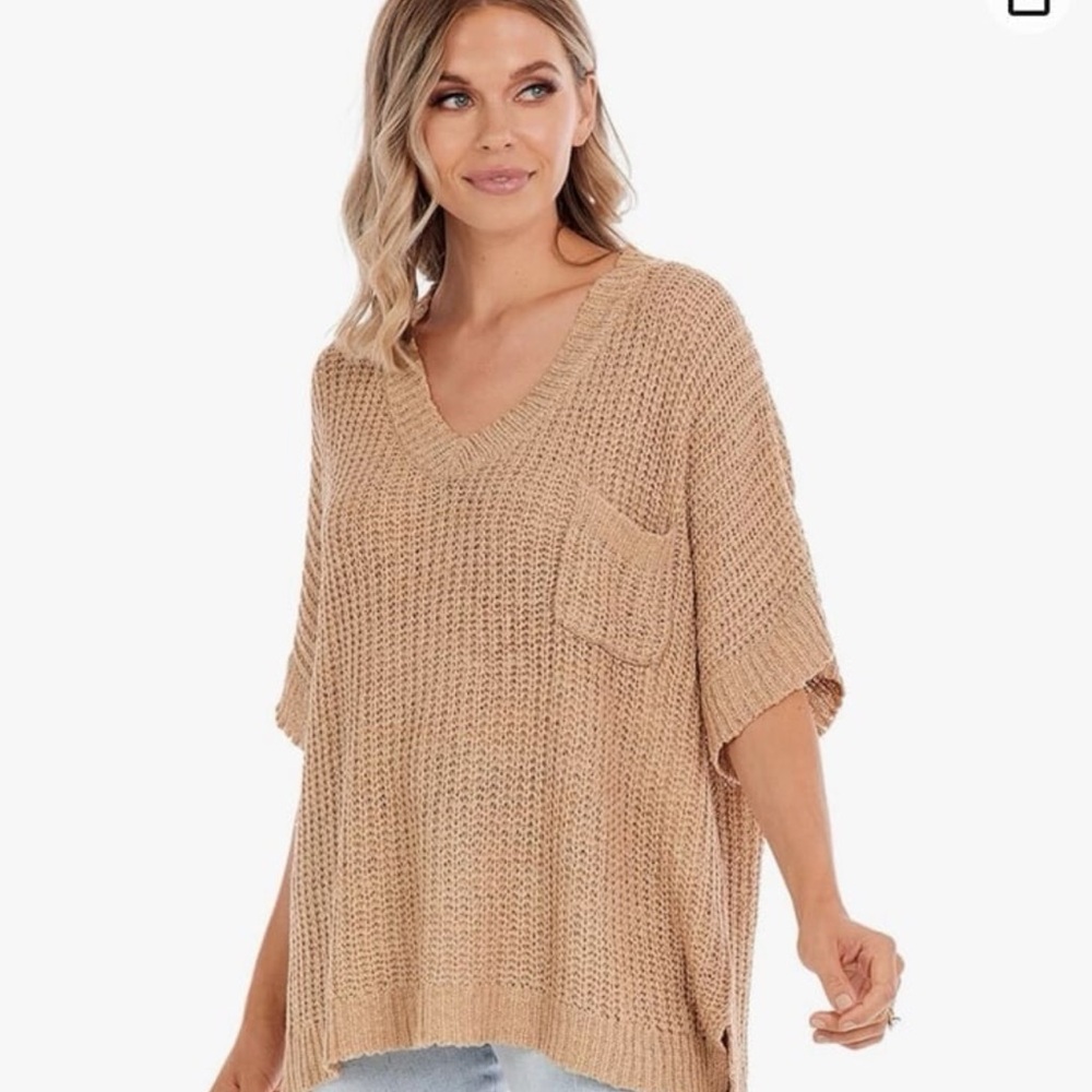 Mud Pie Theo Rib Knit V-Neck Women’s Tan Sweater Short Sleeve Chest Pocket